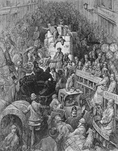 Kaupunkitie, kirjasta "London, a Pilgrimage", kirjoittanut William Blanchard Jerrold (1826-84), kaivertanut Desire Mathieu Quesnel, pubi. 1872 tekijältä Gustave Dore
